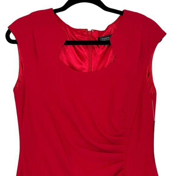 Tahari Red Jewel Neck Ruched Knee Length Dress| Size 8 - Picture 2 of 9